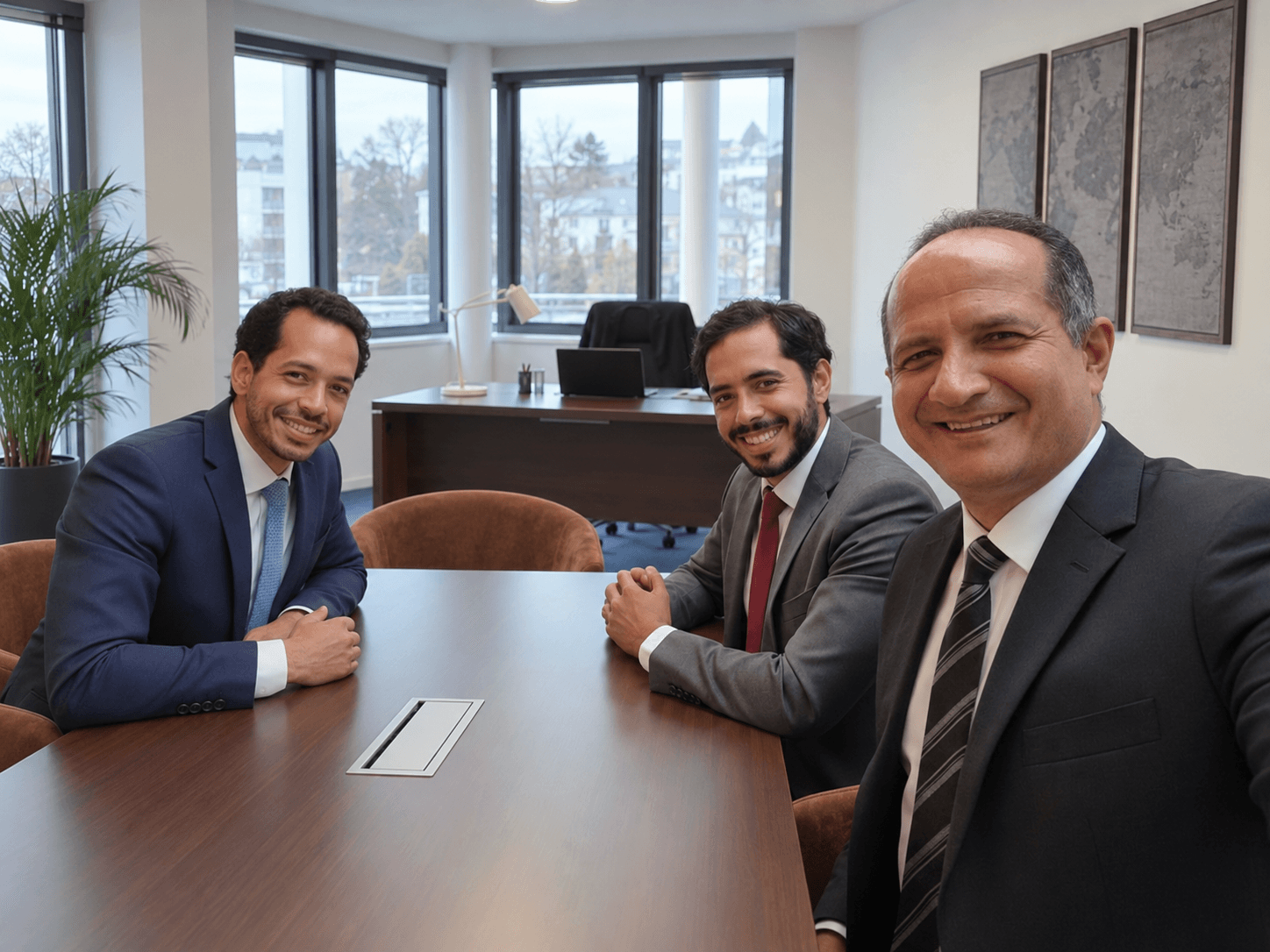 Three SwissHelios team members meeting in an office.